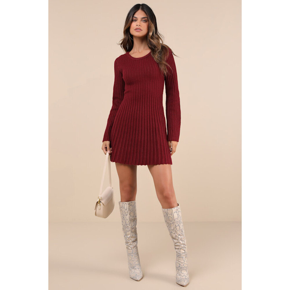 Lulus Convincing Poise Burgundy Ribbed Long Sleeve Skater Mini Dress Red